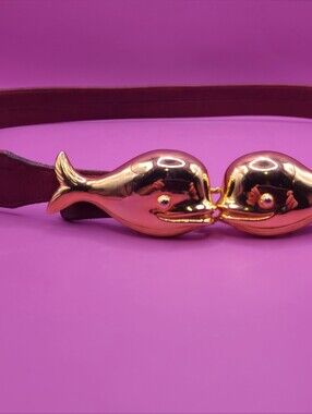Vintage Dotty Smith Double Whale Belt Buckle Gold Tone With Red Leather Belt